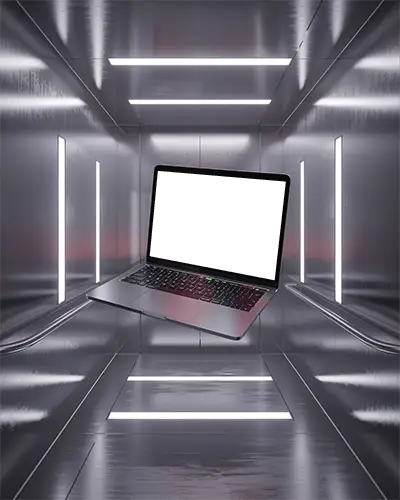 Metallic Elevator Inspired M1 Pro Mockup Suspended In Sleek Luminescent Light Chamber