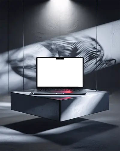 Elevated M2 Air Laptop Display Featuring Suspended Platform And Abstract Wall Pattern
