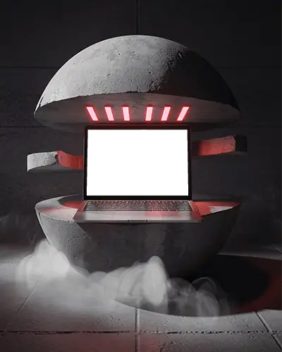 Futuristic M1 Pro Mockup Inside Open Concrete Pod With Red Glow And Steaming Effects