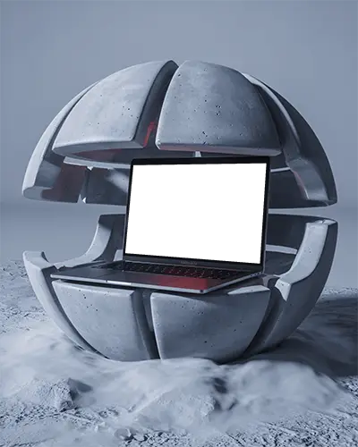 Futuristic M1 Air Mockup Inside Opened Concrete Orb With Minimal Light And Dense Fog