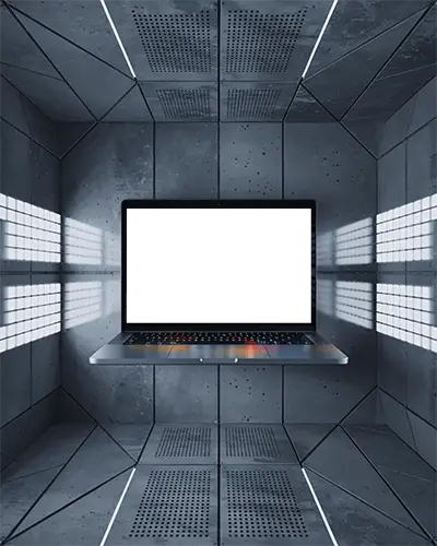 Futuristic Tech M1 Pro Mockup Floating In Metallic Cube With Grid Light Reflections