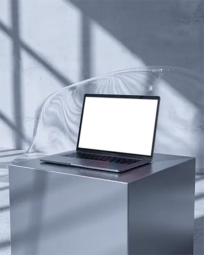 Ambient Lighting On M1 Air Mockup In Minimalist Display Box With Glass Sculpture