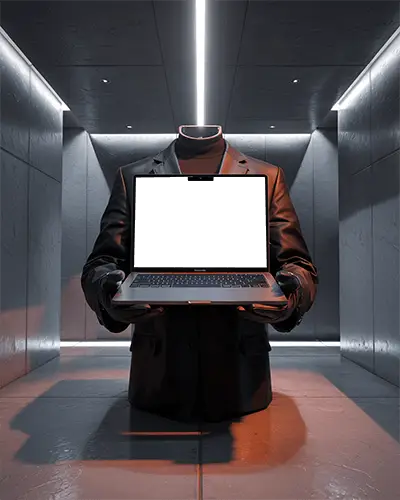 M2 Headless Figure Holding Macbook Mockup In Modern Minimalist Industrial Setting For Tech