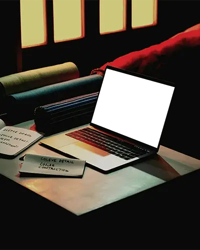 M1 Modern Macbook Mockup On Workdesk With Fabric Rolls And Detailed Notes For Design Project