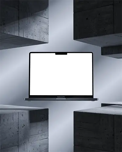 M2 Sleek Floating Macbook Pro Mockup With Minimalist Modern Concrete Block Background For Design