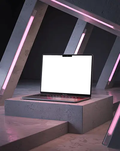 Sleek Modern Macbook Air M2 Mockup On Concrete Platform With Neon Lighting For Showcase