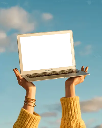 Hands Holding Macbook Air Mockup Against Clear Sky Ideal For Technology Showcase