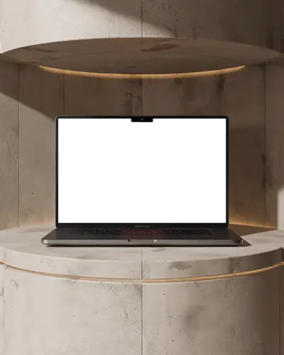 Sleek Modern Macbook Pro M4 Mockup On Minimalist Concrete Pedestal For Professional Showcase