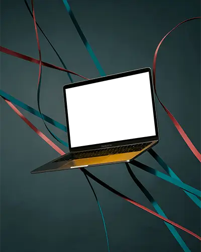 Floating M1 Macbook Air Mockup With Ribbons For Modern Digital Presentation And Creative Projects