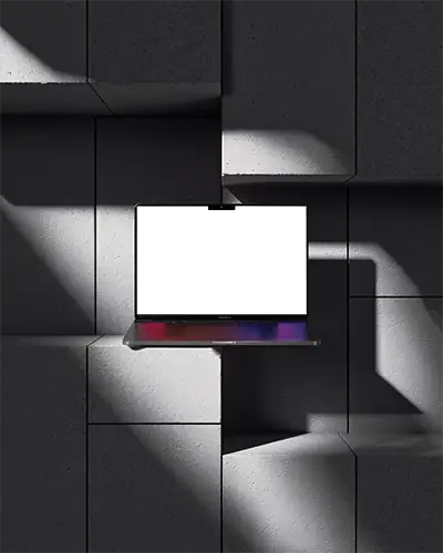 Sleek Minimalist M1 Macbook Mockup Floating On Modern Textured Blocks Background
