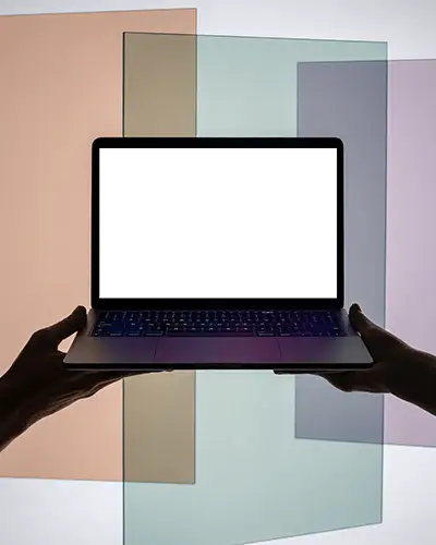 Pastel Translucent Panel Display Macbook M1 Pro Mockup Held In Artistic Silhouette