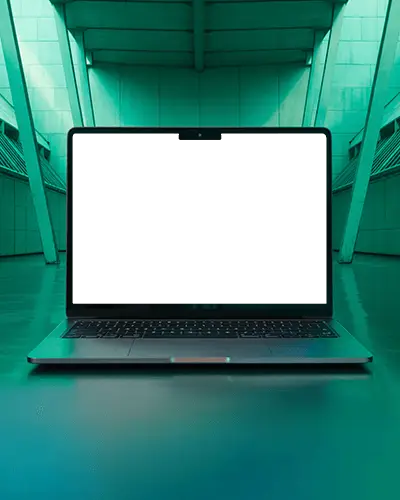 Futuristic Aqua Architecture Macbook M5 Air Mockup With Reflective Ground Illumination
