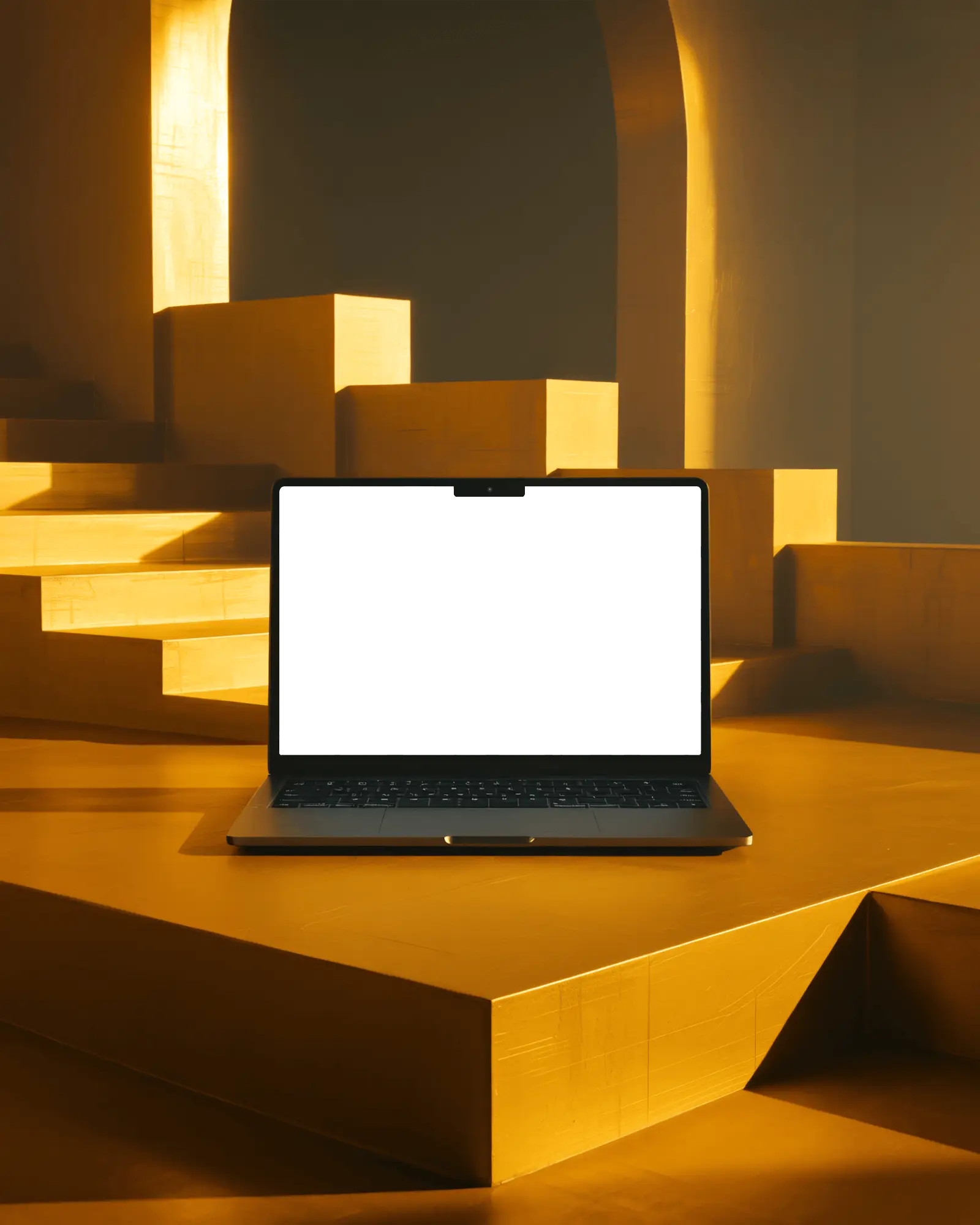 Golden Architectural Dreamscape Macbook M5 Pro Mockup With Soft Sculpted Light