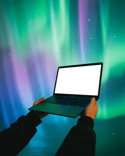 Celestial Aurora Lights Macbook M1 Air Mockup Floating In Vibrant Cosmic Glow