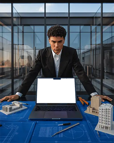 Architectural Vision Lab Macbook M4 Air Mockup Surrounded By Blueprints And Scale Models