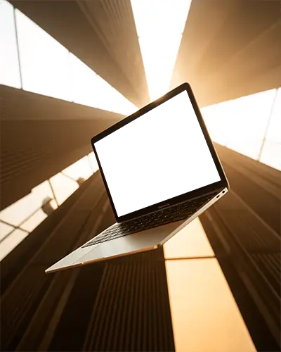 Golden Ascend Architecture Macbook M1 Air Mockup Floating In Sunlit Sky Tunnel