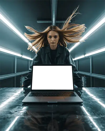Cyber Wind Force Macbook M1 Pro Mockup With Dynamic Hair Motion And Industrial Light