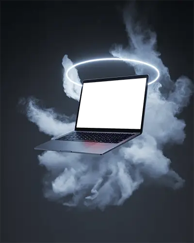 Celestial Smoke Halo Macbook M1 Pro Mockup With Floating Cyber Aura Light Ring