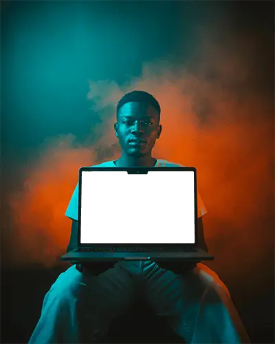 Cinematic Smoke Backdrop Macbook M3 Pro Mockup With Teal And Orange Atmospheric Lighting
