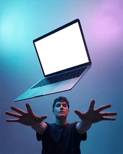 Neon Drift Floating M1 Air Mockup Suspended Above Outstretched Hands With Purple Blue Lighting