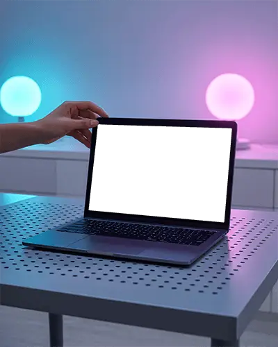 Perforated Table Modern Room M1 Pro Mockup Under Neon Accent Lighting