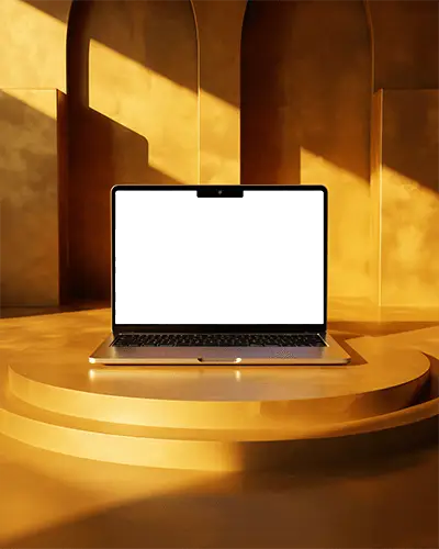 Golden Architectural Sunlit Podium M2 Air Mockup In A Soft Elegant Ambient Glow