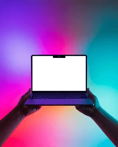 Vibrant Neon Aura Hands Held M4 Pro Mockup Glowing In Multicolor Light Waves