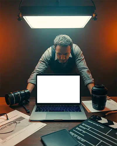 Filmmaker Studio Desk M1 Pro Mockup With Director Leaning Over Editing Setup