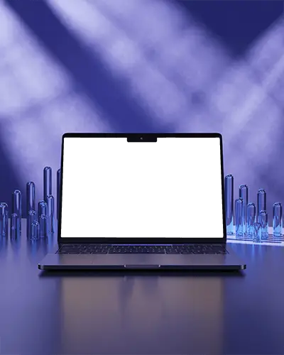 Neon Lab Environment M5 Air Mockup Surrounded By Translucent Glass Pillars