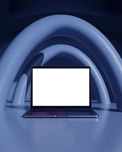 Deep Blue Arch Sculpture M1 Pro Mockup In Futuristic Studio With Smooth Matte Surfaces