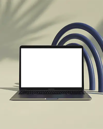 M1 Air Front View Macbook Mockup With Modern Minimal Cream Sculptural Blue Arches Design Elements