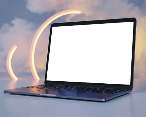 Macbook M1 Pro Side View Mockup With Soft Dreamy Cloud And Glowing Arched Light Elements
