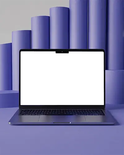 Macbook M5 Air Front View Mockup With Modern Purple Cylinder Background And Minimal Studio Lighting