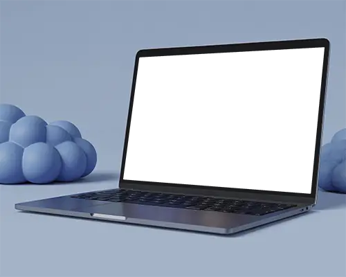 Macbook M1 Pro Mockup With Soft Blue Abstract Bubble Sculptures In Clean Contemporary Studio