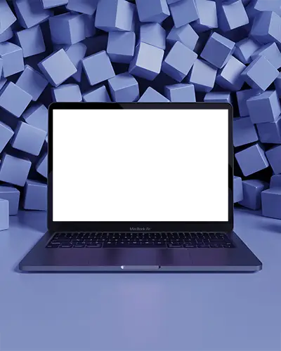 Macbook Air M1 Front View Mockup With Stacked 3d Blue Cube Background In Modern Studio