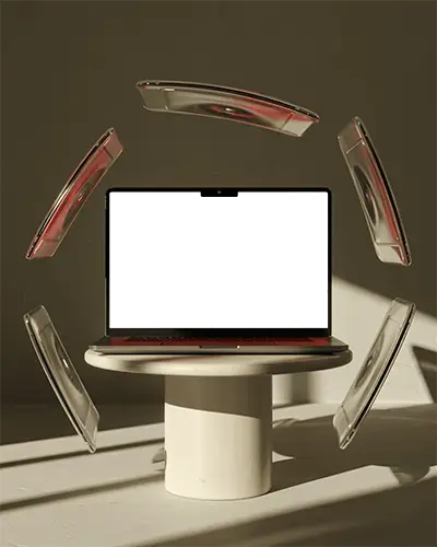 Macbook M5 Pro Mockup With Floating Components In Warm Sculptural Lighting On Minimal Stand