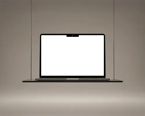Sleek M5 Air Mockup Hanging On Thin Cables In Soft Neutral Light Modern Tech Style