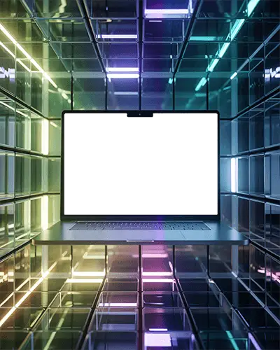 M4 Air Mockup Floating In Neon Glass Tunnel With Futuristic Lighting And Reflective Depth