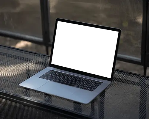 Macbook M1 Pro Mockup On Metal Mesh Table In Soft Outdoor Light With Clean Minimal Tech Look