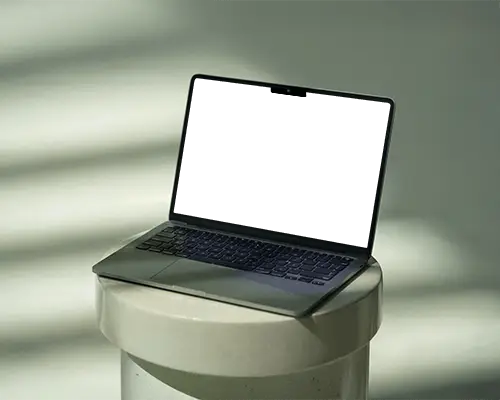Macbook M4 Air Mockup On Rounded Pedestal In Soft Natural Light With Clean Minimal Style