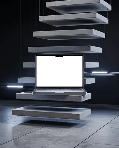 Suspended Macbook M2 Pro Mockup Among Stacked Concrete Panels With Cool Futuristic Glow