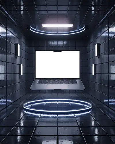 Futuristic Macbook M3 Air Mockup In Dark Glossy Room With Glowing Circular Lights