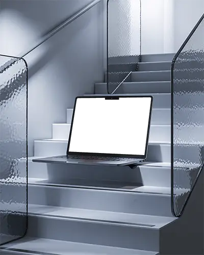 Macbook M5 Pro Mockup Floating On Modern Staircase With Cool Minimal Lighting And Glass Textures