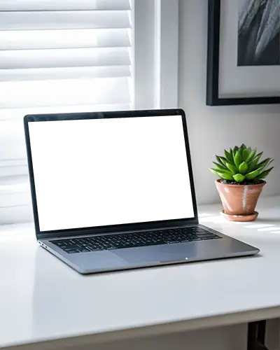 Macbook M1 Pro Mockup On Bright Home Desk With Natural Window Light And Minimal Decor