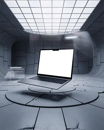 Macbook M2 Air Mockup Floating In Futuristic Stone Chamber With Bright Overhead Grid Lighting