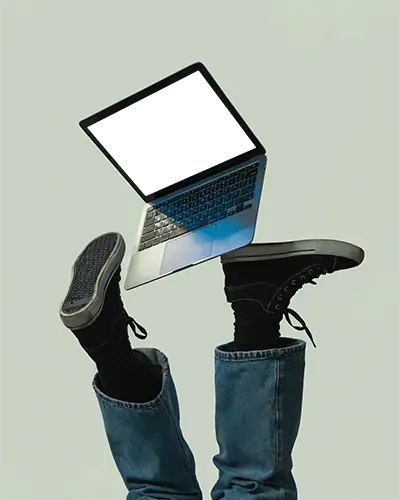 M1 Pro Macbook Mockup Floating Above Upside Down Legs With Playful Modern Minimal Aesthetic