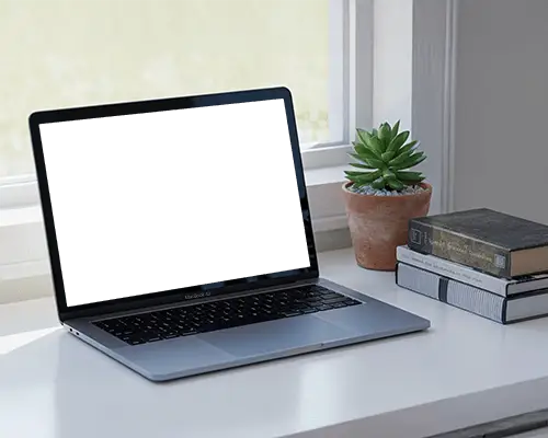 Macbook M1 Air Mockup On Bright Window Desk With Natural Light And Clean Minimal Home Style