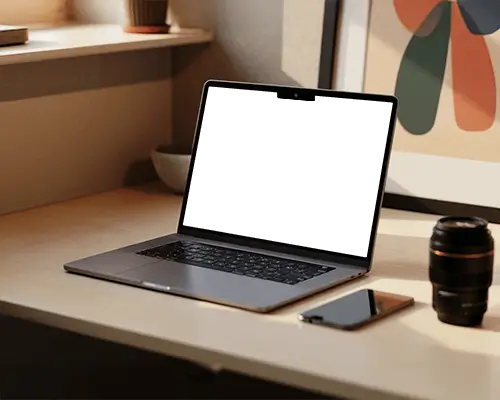 Macbook M3 Air Mockup On Warm Minimal Desk With Soft Natural Light And Creative Home Studio Style