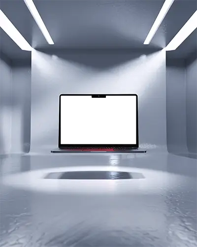 Macbook M5 Pro Mockup Floating In Sleek Metallic Room With Bright Linear Lights And Modern Depth