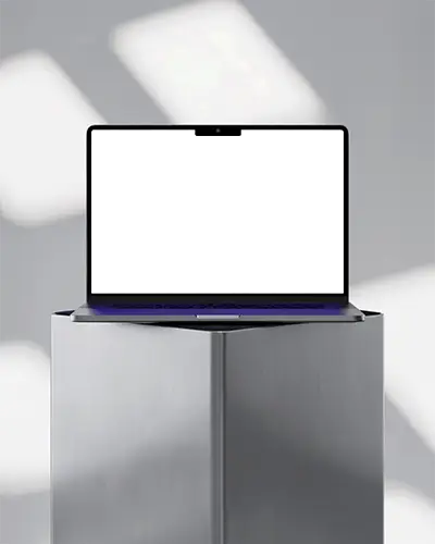 Macbook Air M5 Mockup On Brushed Metal Pedestal With Soft Minimal Light And Clean Modern Aesthetic